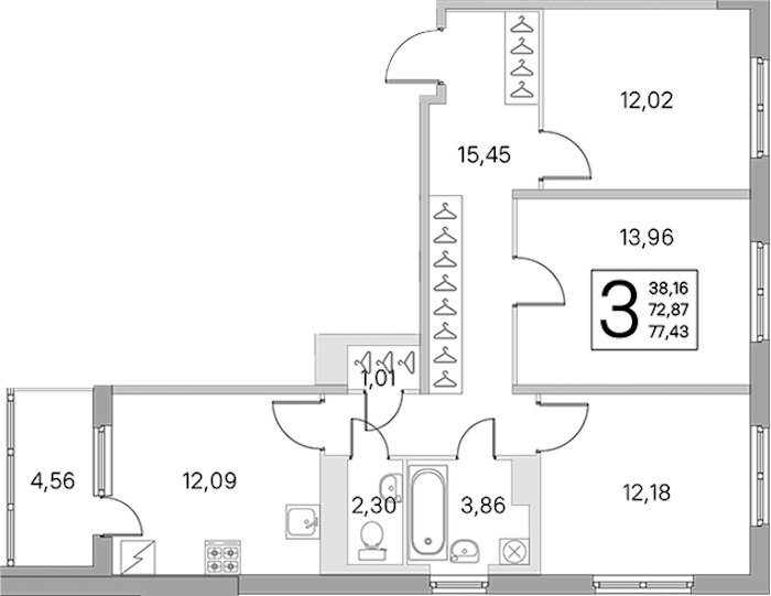 3-комнатная квартира 72.87 м², 2/5 эт., ЖК «ЮгТаун. Олимпийские кварталы»